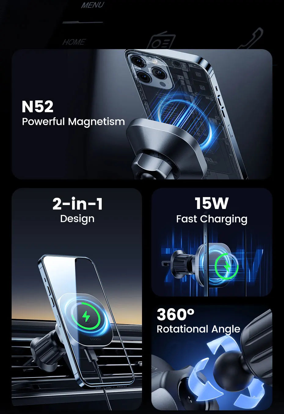 Toocki Magnetic Car Wireless Charger - 15W Fast Charging Mount