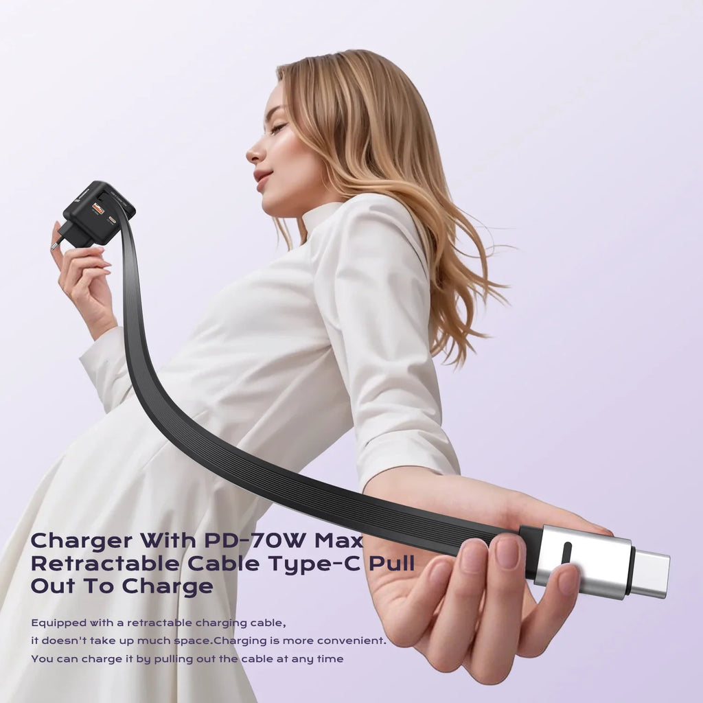 70W GaN Fast Charger 3-in-1 with Retractable USB-C Cable