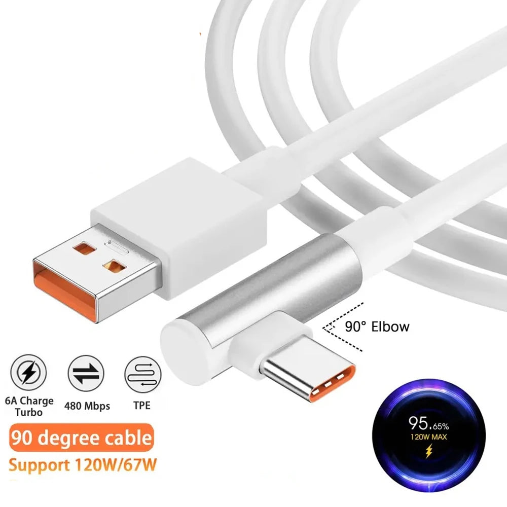 NNBILI 120W USB Type C Cable 90 Degree Elbow Super Fast Charge USB C Cable For Xiaomi 17 15 14 13 12 11 Pro Lite Redmi Note