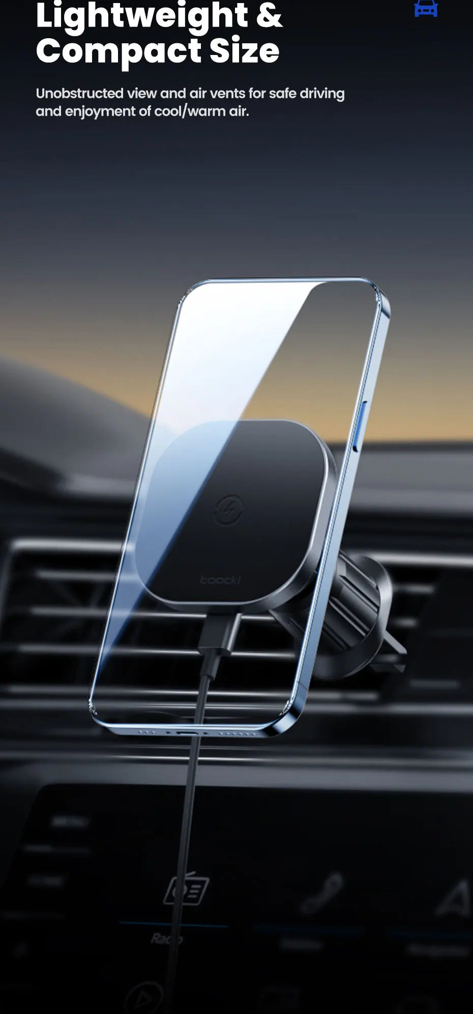 Toocki Magnetic Car Wireless Charger - 15W Fast Charging Mount