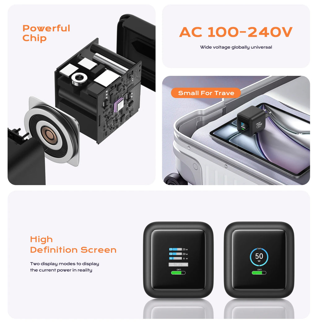 70W GaN Fast Charger 3-in-1 with Retractable USB-C Cable
