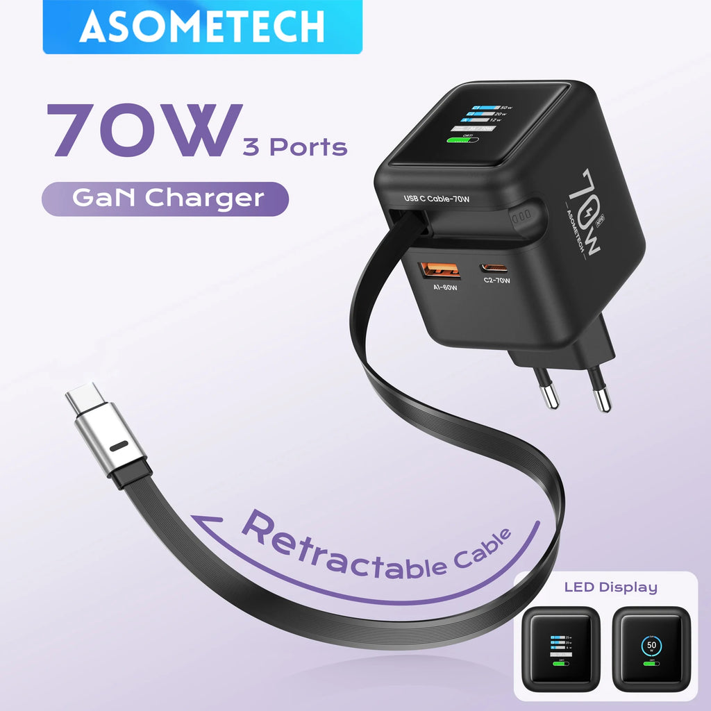 70W GaN Fast Charger 3-in-1 with Retractable USB-C Cable