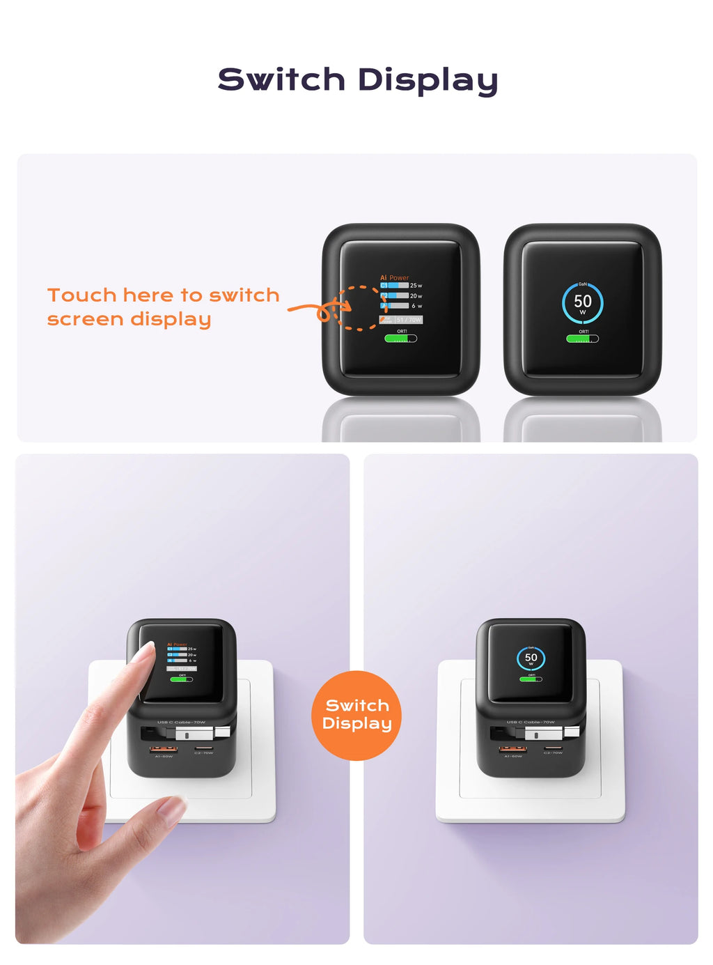 70W GaN Fast Charger 3-in-1 with Retractable USB-C Cable