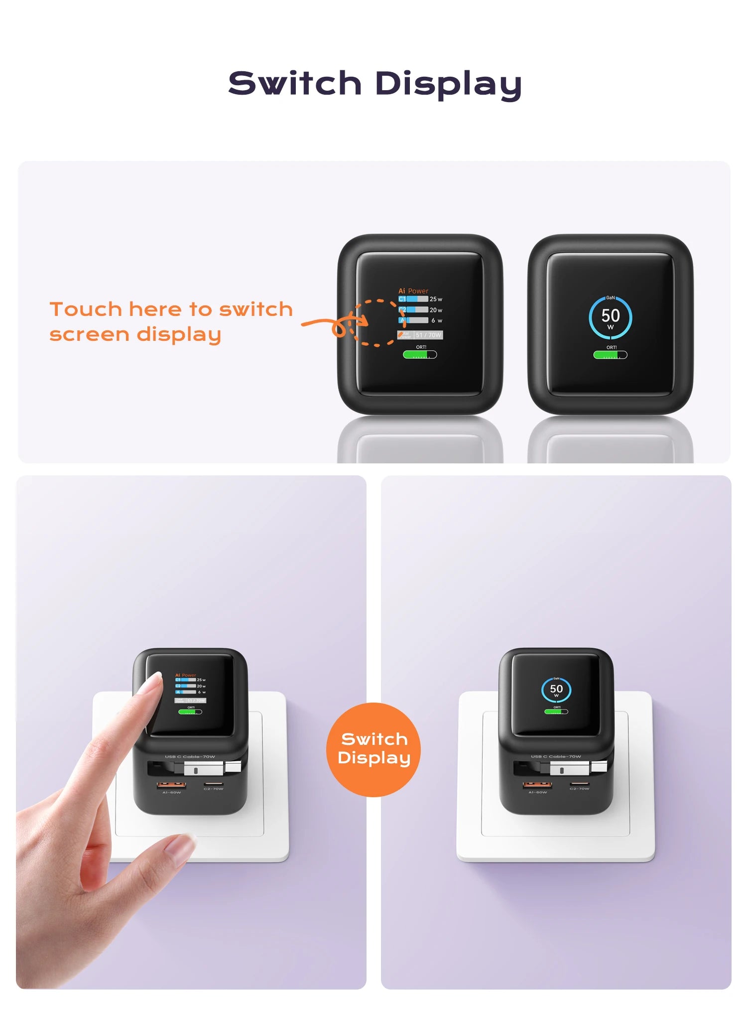 70W GaN Fast Charger 3-in-1 with Retractable USB-C Cable