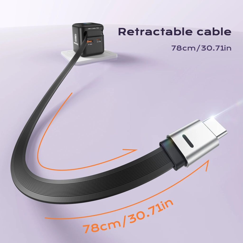 70W GaN Fast Charger 3-in-1 with Retractable USB-C Cable