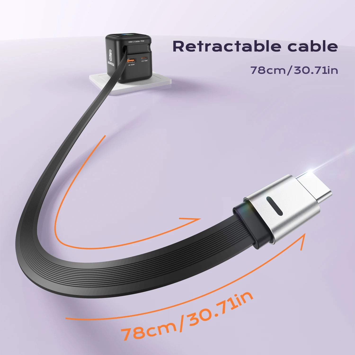 70W GaN Fast Charger 3-in-1 with Retractable USB-C Cable