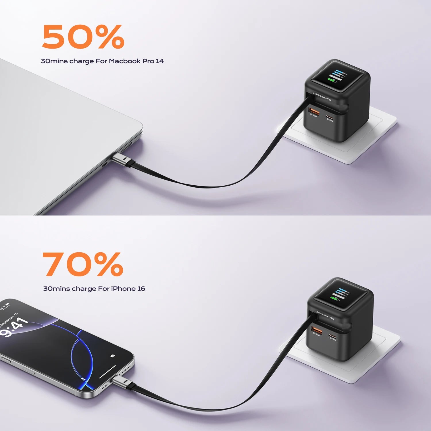 70W GaN Fast Charger 3-in-1 with Retractable USB-C Cable
