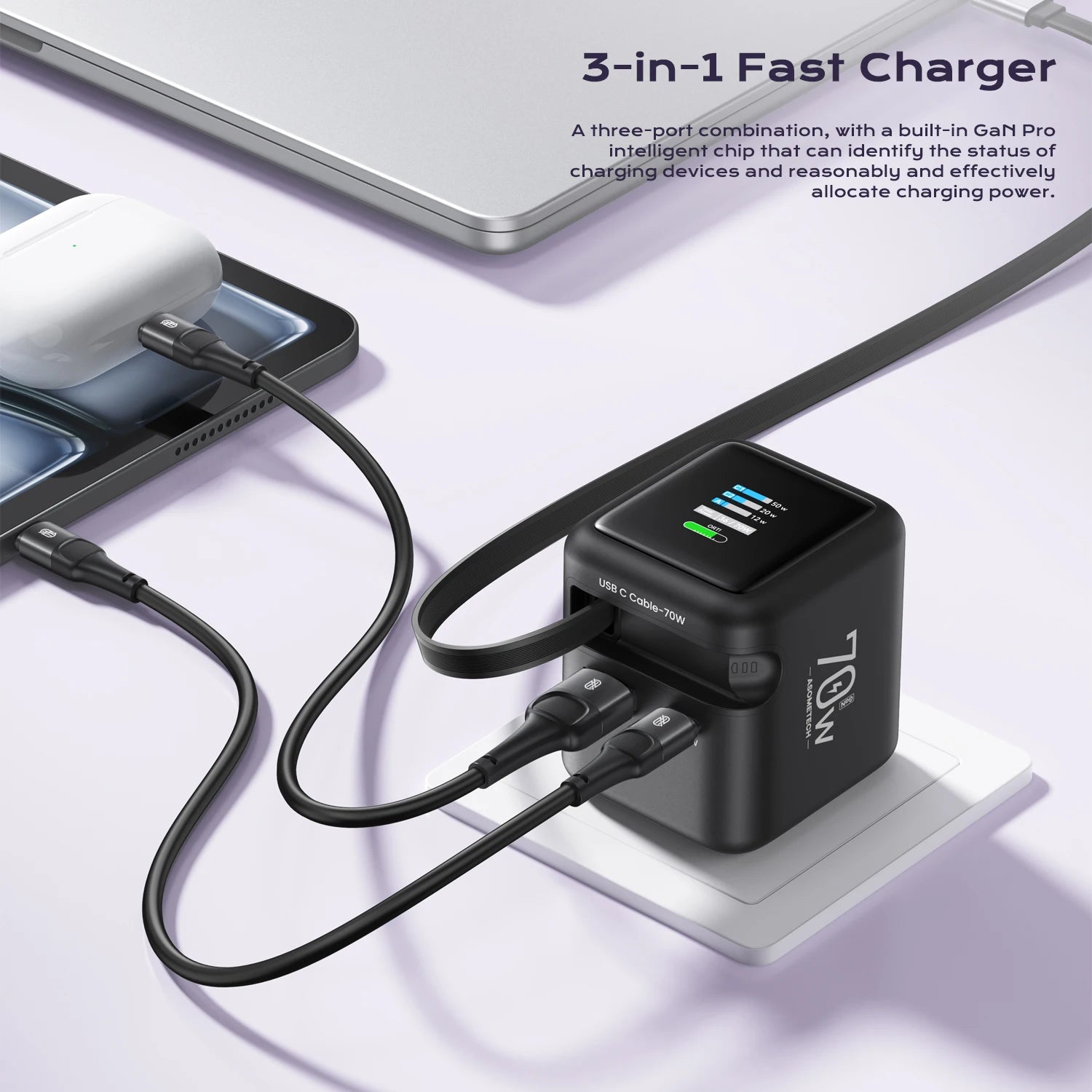 70W GaN Fast Charger 3-in-1 with Retractable USB-C Cable