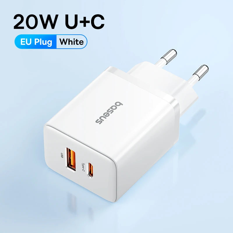 Baseus 20W USB Charger Dual Charging Port Support Type C PD Fast Charging Phone Charger For iPhone 15 14 13 12 Pro Max 11 8 Plus