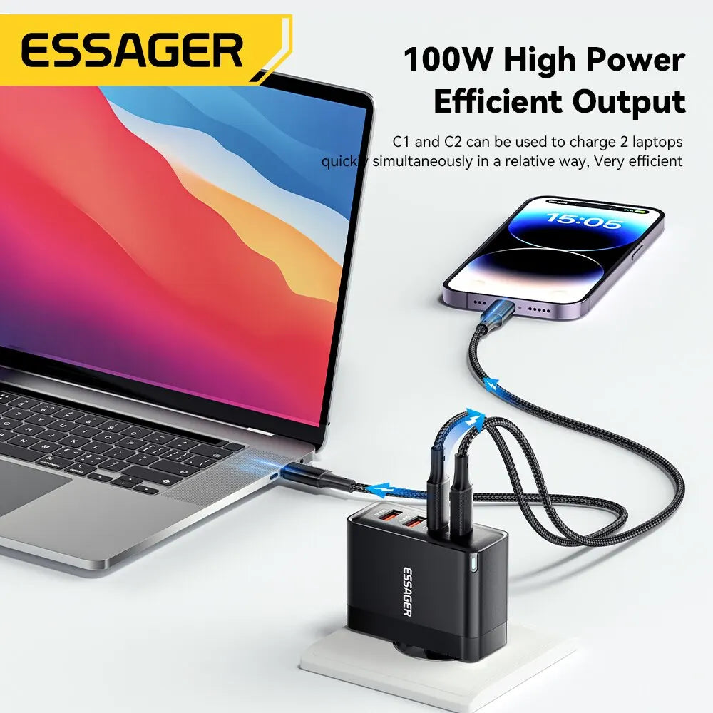 Essager 100W GaN Charger - 4-Port Fast Charging for Phone & Laptop
