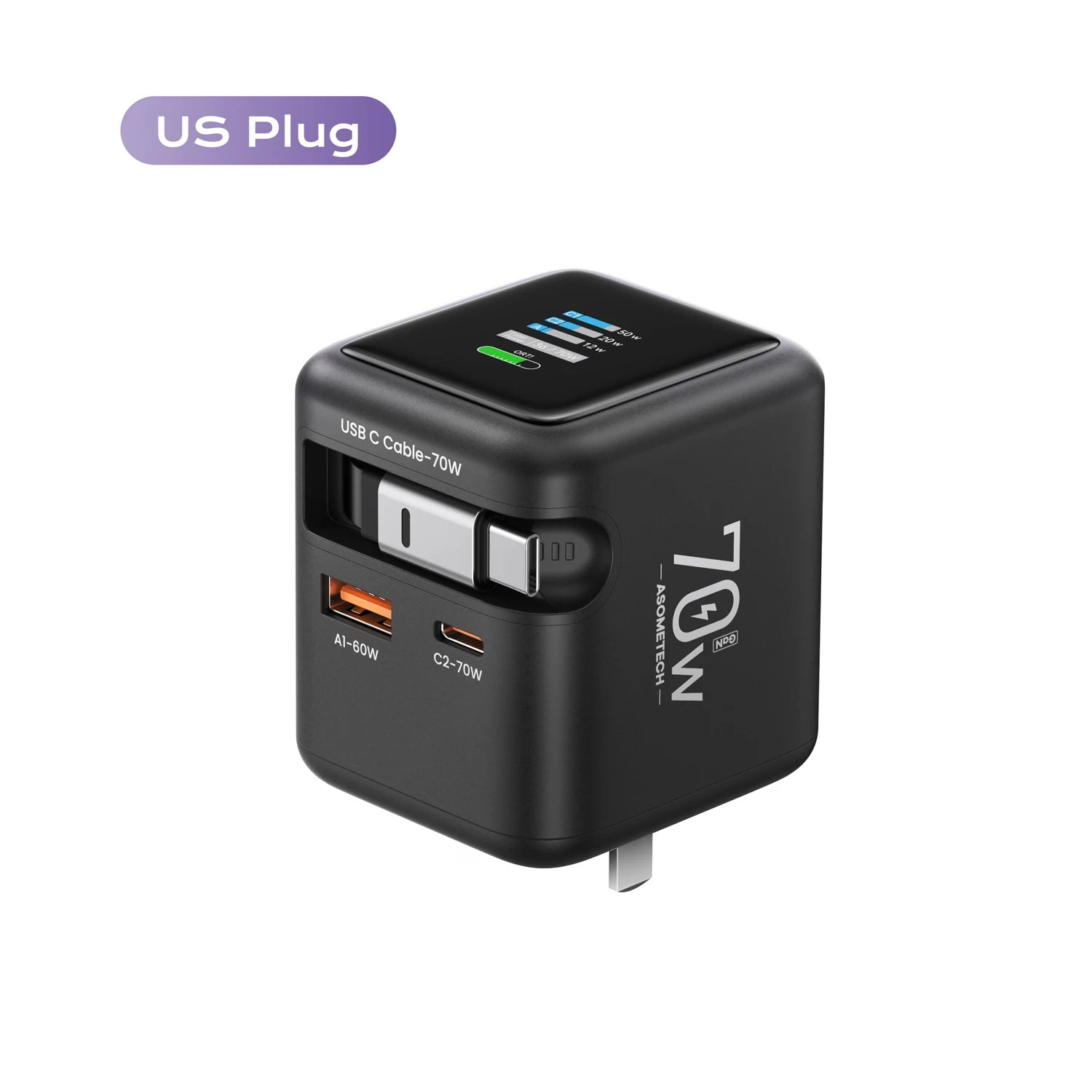 70W GaN Fast Charger 3-in-1 with Retractable USB-C Cable