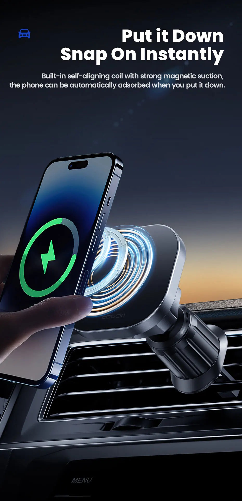Toocki Magnetic Car Wireless Charger - 15W Fast Charging Mount