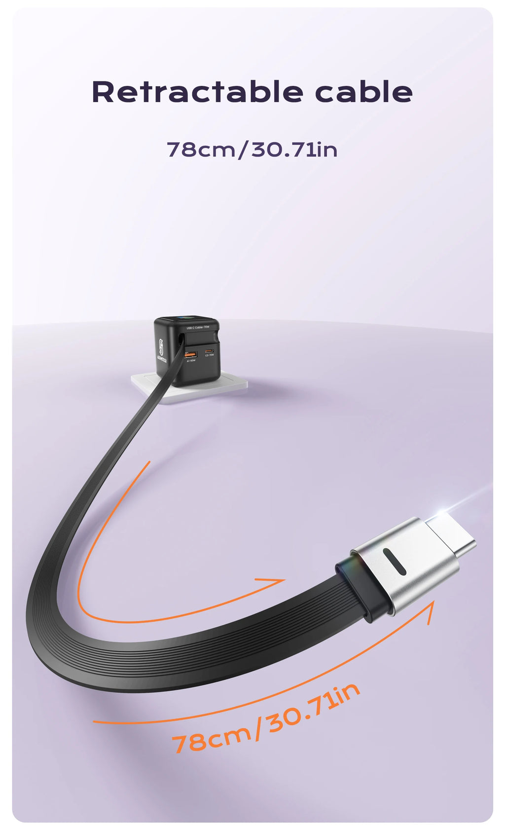 70W GaN Fast Charger 3-in-1 with Retractable USB-C Cable