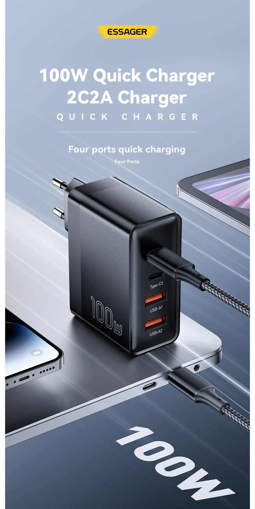 Essager 100W GaN Charger - 4-Port Fast Charging for Phone & Laptop