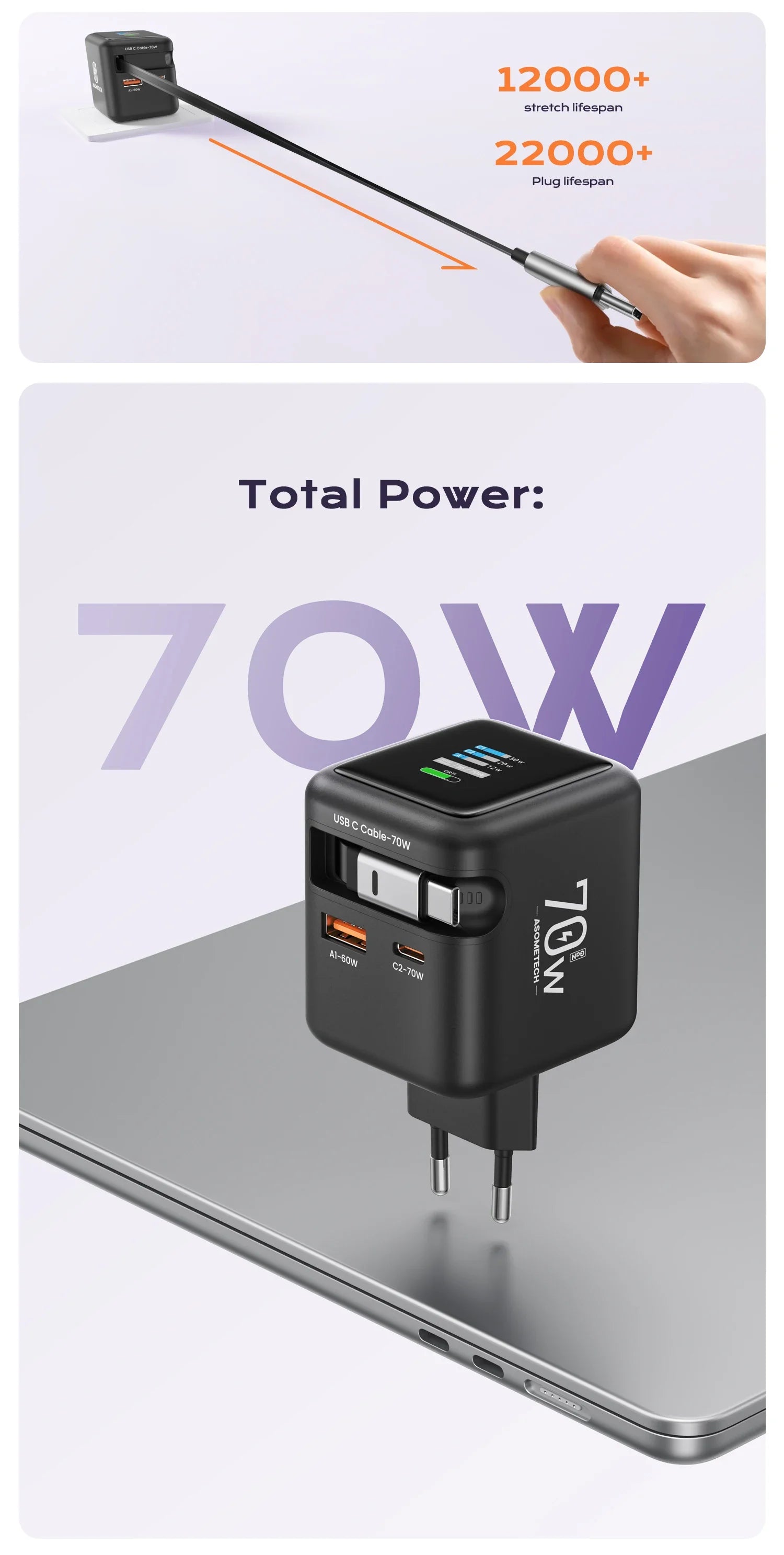 70W GaN Fast Charger 3-in-1 with Retractable USB-C Cable