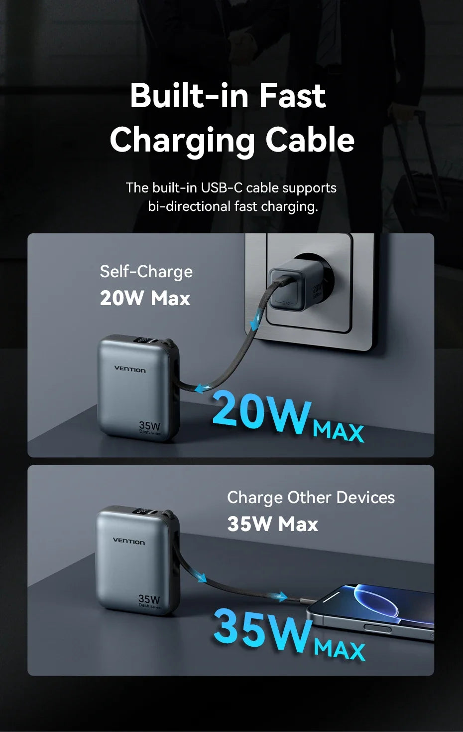 Vention 10000mAh 35W Power Bank - Mini Fast Charge Portable Charger