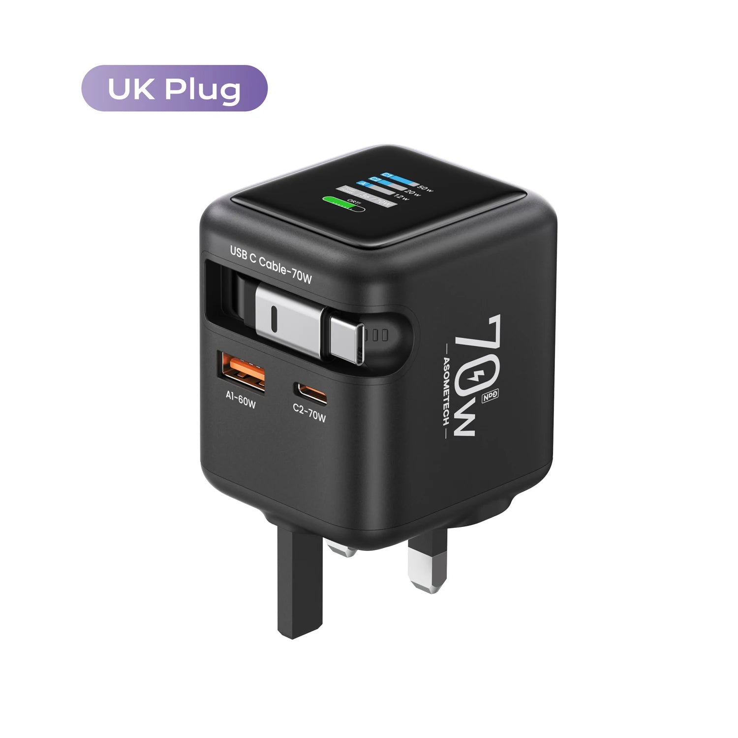 70W GaN Fast Charger 3-in-1 with Retractable USB-C Cable