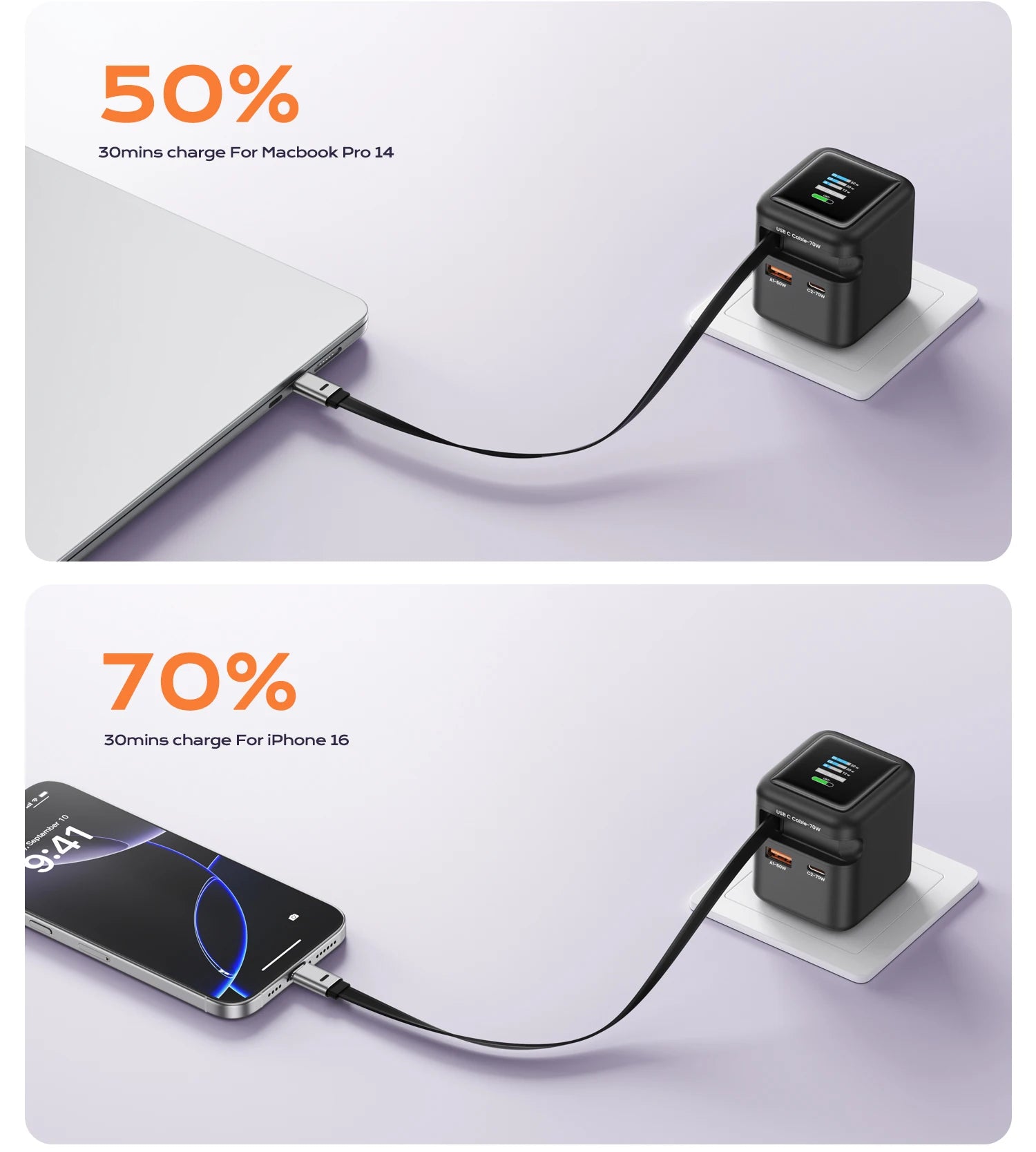 70W GaN Fast Charger 3-in-1 with Retractable USB-C Cable