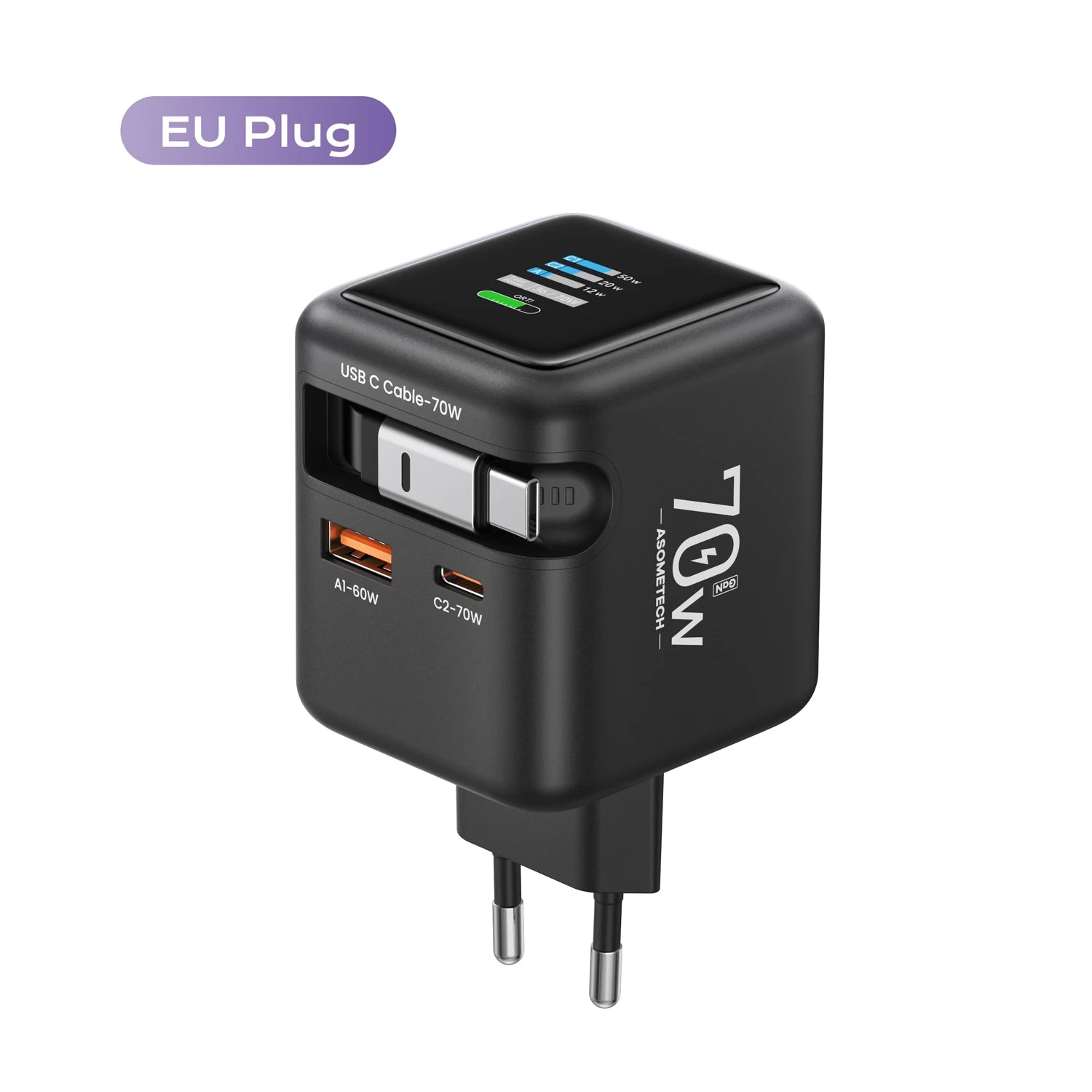 70W GaN Fast Charger 3-in-1 with Retractable USB-C Cable