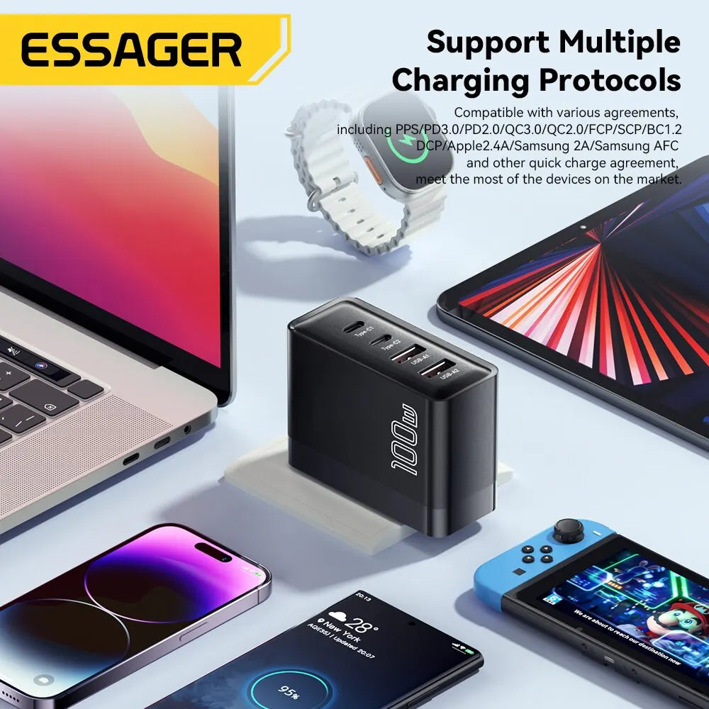 Essager 100W GaN Charger - 4-Port Fast Charging for Phone & Laptop