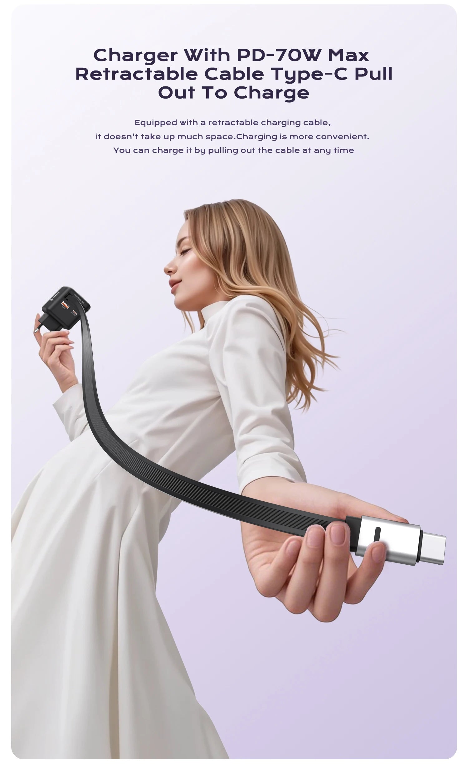 70W GaN Fast Charger 3-in-1 with Retractable USB-C Cable