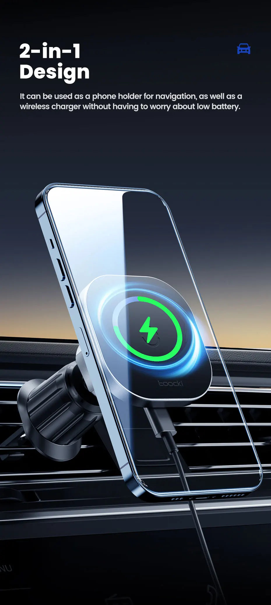 Toocki Magnetic Car Wireless Charger - 15W Fast Charging Mount