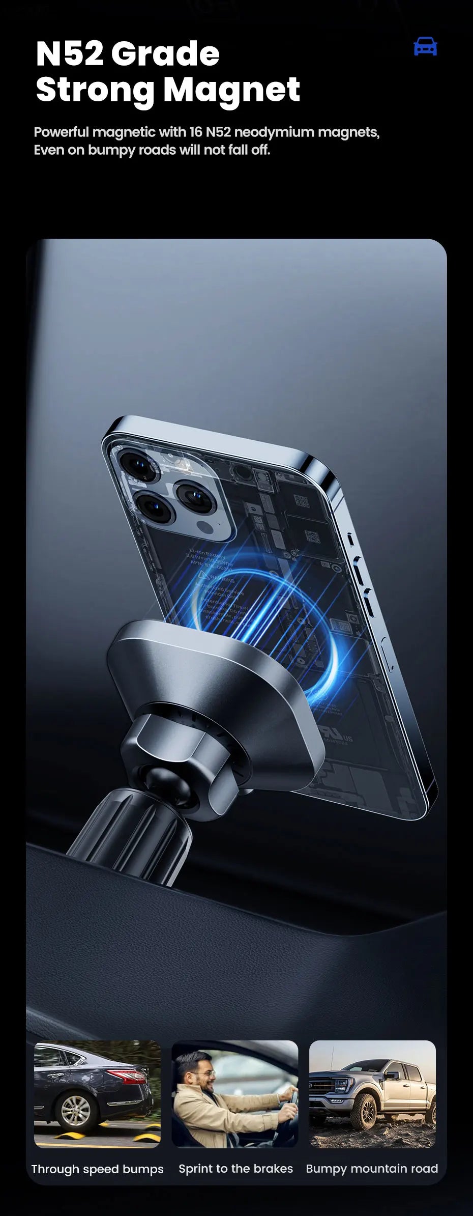 Toocki Magnetic Car Wireless Charger - 15W Fast Charging Mount