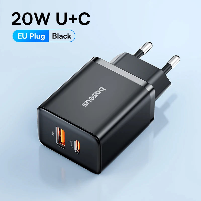 Baseus 20W USB Charger Dual Charging Port Support Type C PD Fast Charging Phone Charger For iPhone 15 14 13 12 Pro Max 11 8 Plus