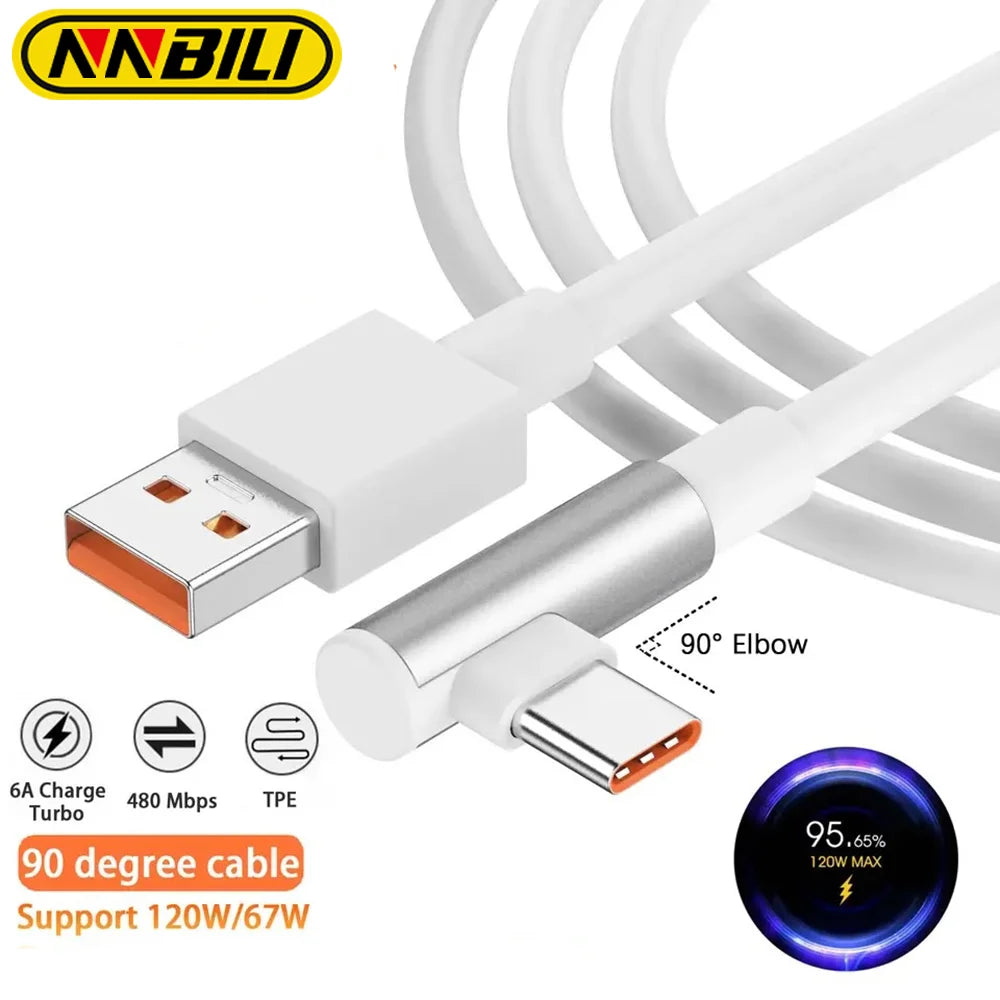 NNBILI 120W USB Type C Cable 90 Degree Elbow Super Fast Charge USB C Cable For Xiaomi 17 15 14 13 12 11 Pro Lite Redmi Note