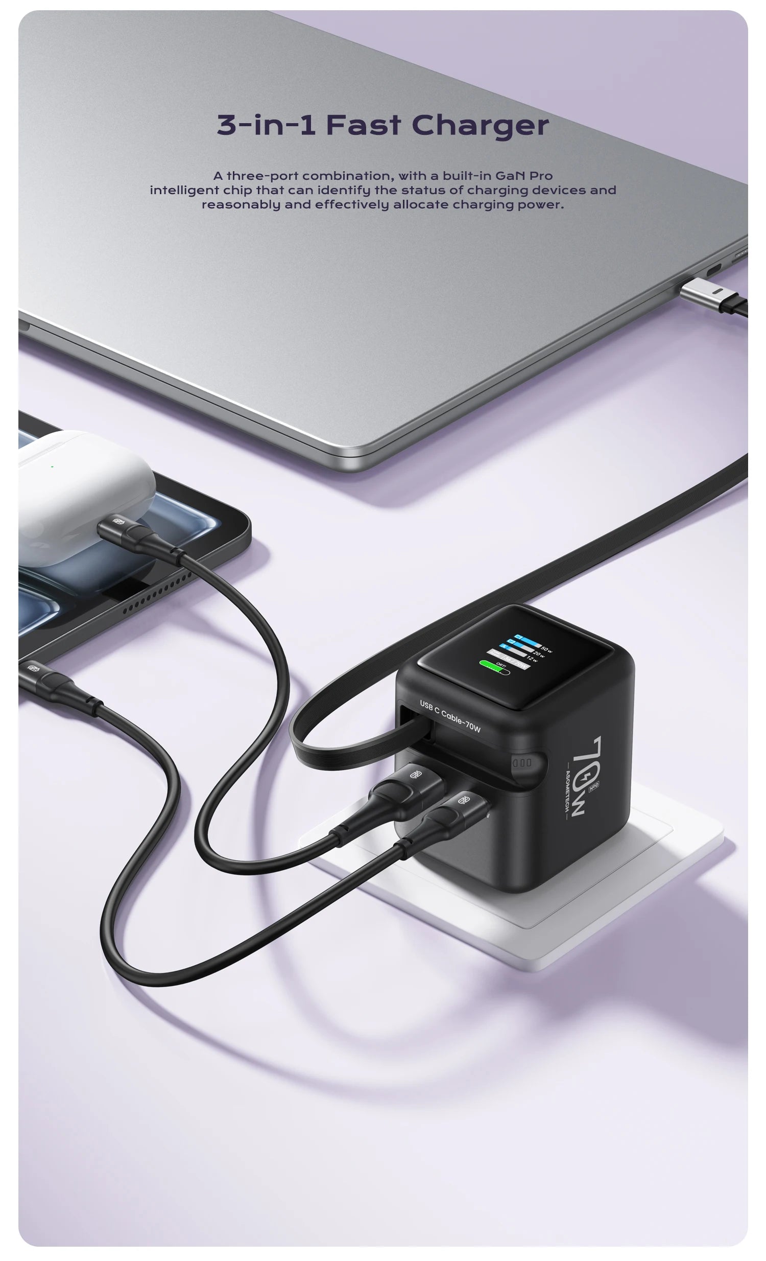 70W GaN Fast Charger 3-in-1 with Retractable USB-C Cable