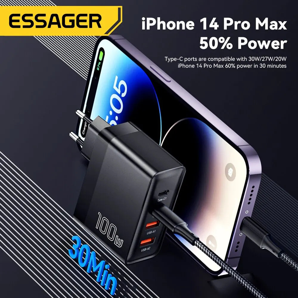 Essager 100W GaN Charger - 4-Port Fast Charging for Phone & Laptop