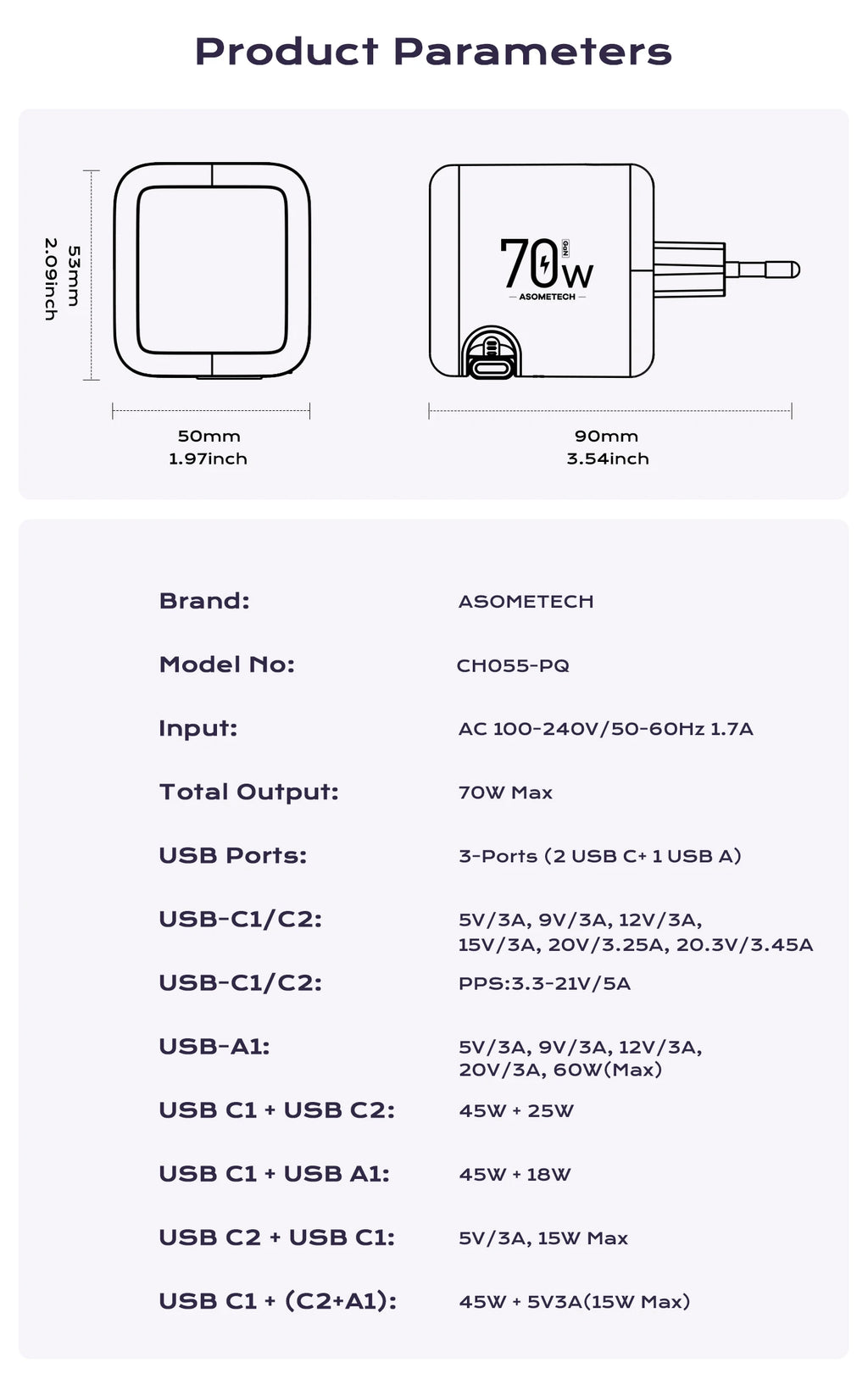 70W GaN Fast Charger 3-in-1 with Retractable USB-C Cable