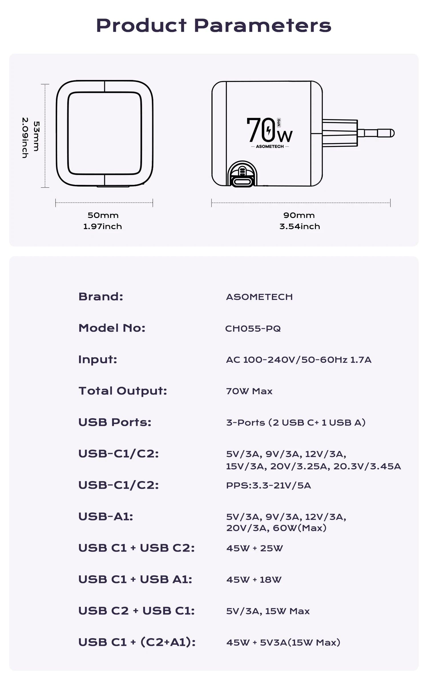 70W GaN Fast Charger 3-in-1 with Retractable USB-C Cable